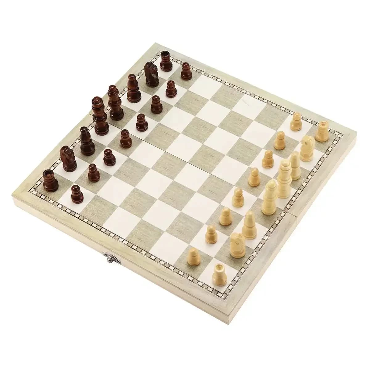 Set di scacchi in legno pieghevole Giochi da viaggio Scacchi Backgammon Dama Giocattolo Scacchi Intrattenimento Gioco da tavolo Giocattoli Regalo 3 in 1
