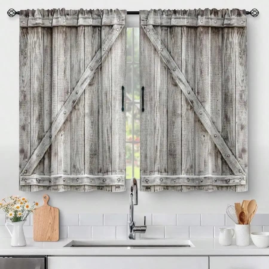 Farmhouse Kitchen Cafe Curtains Rustic Barnwood Door Drapes 28x40 Inch 2 Panels