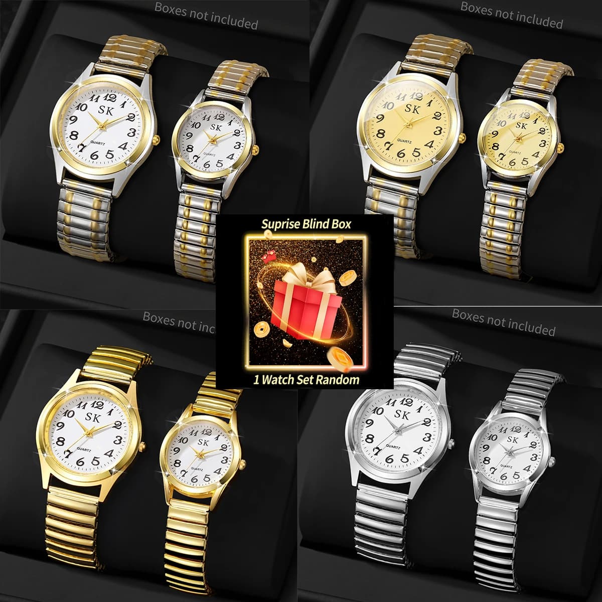 Mysterious Surprise Watch Box-2 pcs/set Fashion couple watches Elastic Strap Men Women's Wristwatches (without box)