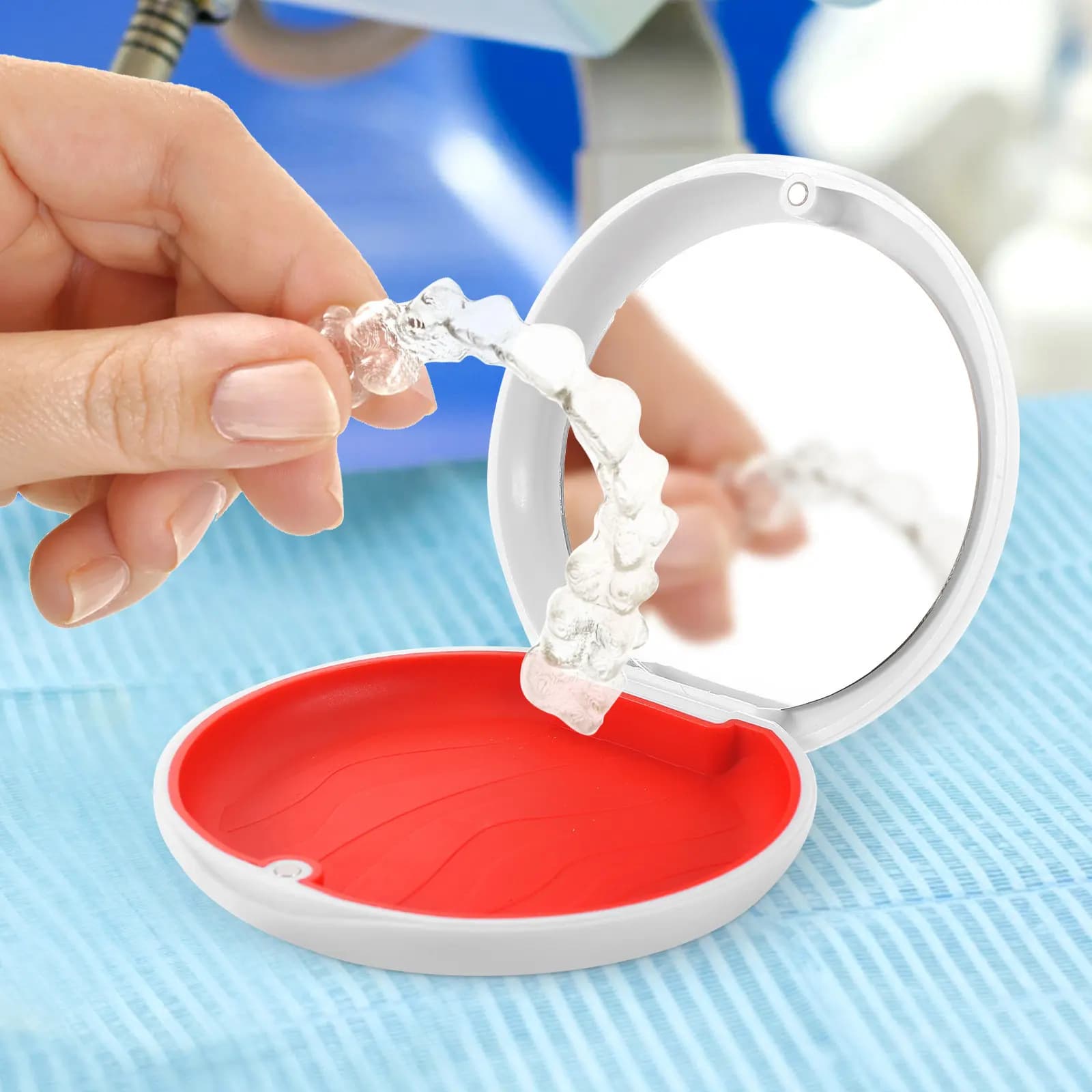 Scatola Porta Protesi con Chiusura Magnetica, Contenitore Portatile per Protesi, Custodia Compatta da Viaggio con Specchio