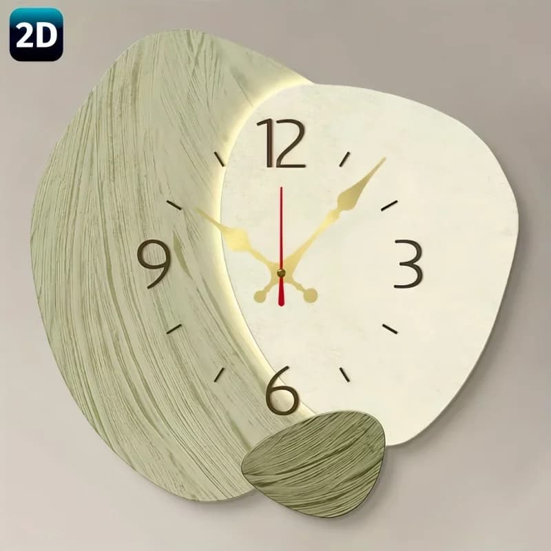 Orologio da Parete Silenzioso 2D in Legno - Design Geometrico Moderno Verde Chiaro, Ideale per Soggiorno, Camera da Letto, Cucina e Arredamento Casa