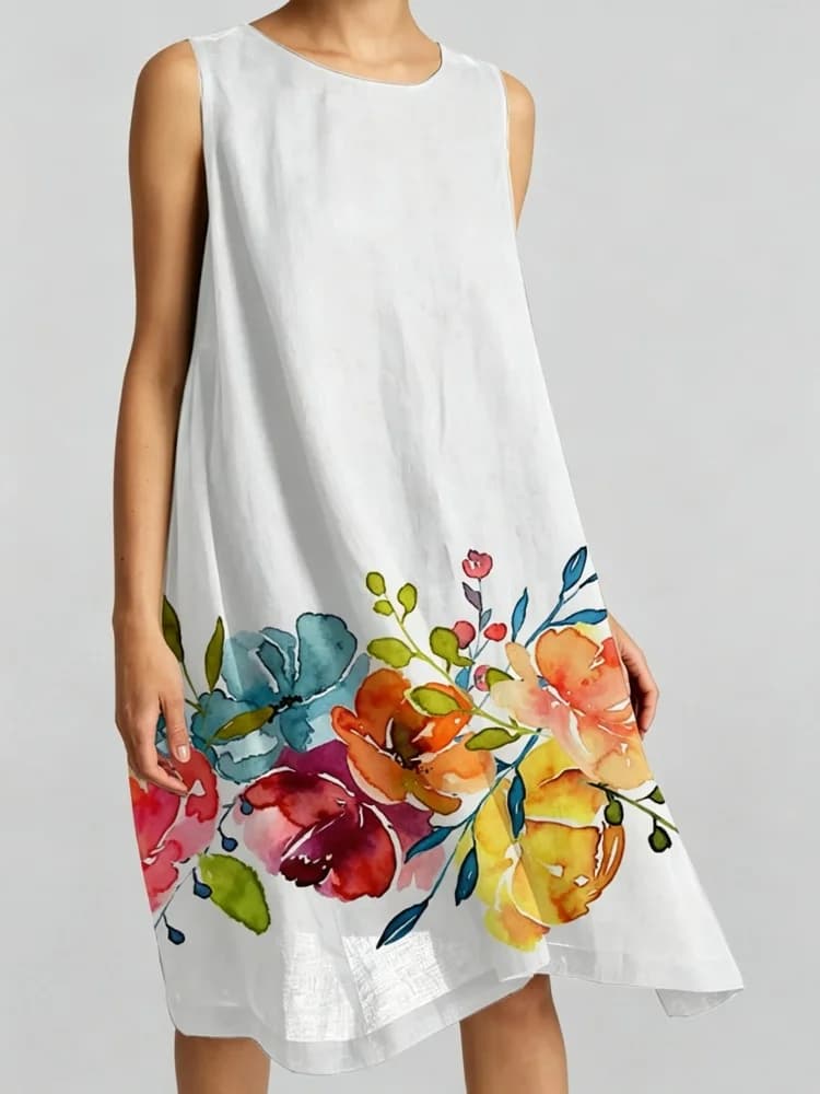 Womens Floral Print Sleeveless Linen Dress Casual Round Neck Loose A Line Midi Dress For Summer Beach