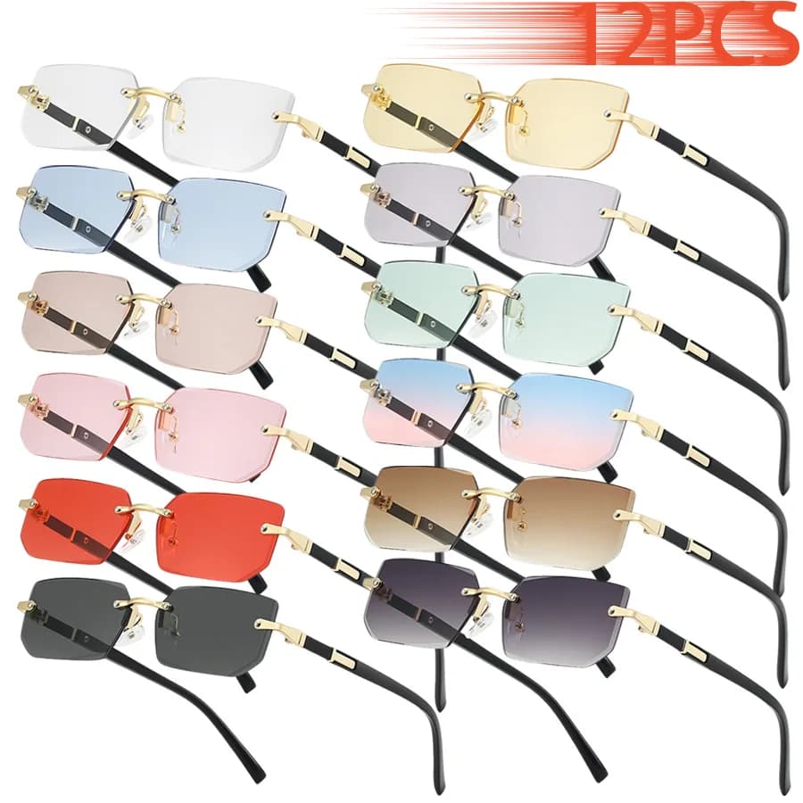 12 Occhiali da Sole di Lusso Senza Montatura, Quadrati, alla Moda, con Lenti Sfumate, per Uomo e Donna, Lenti Colorate, Montatura in Metallo