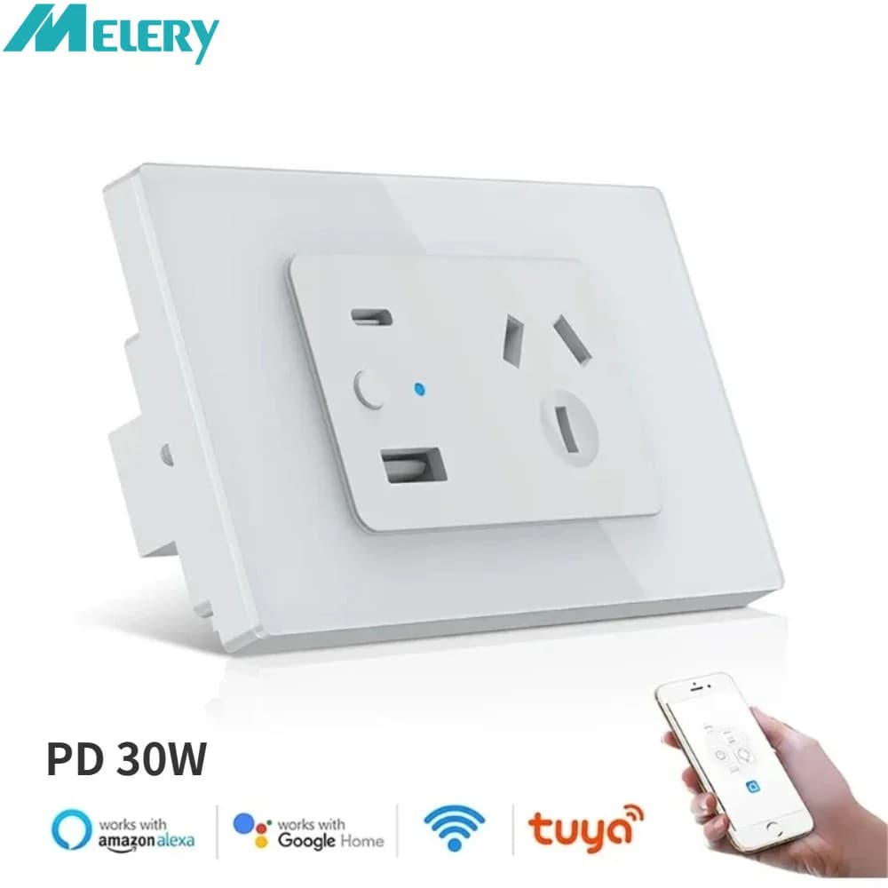 Melery AU Plug Tuya Wi-Fi Smart Touch Switch Wall socket USB Type C glass panel for remote socket Iphone from Alexa Google Home