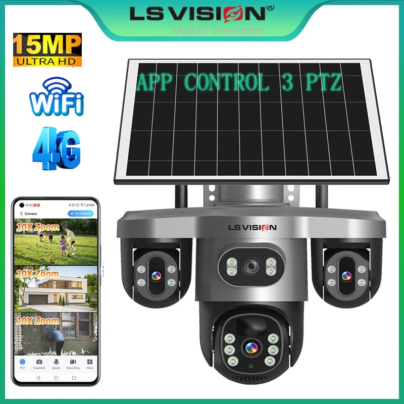 LS VISION Telecamera solare WiFi wireless Tre lenti Tre schermi Scheda SIM 4G Telecamera solare Rilevazione umana Sorveglianza solare esterna