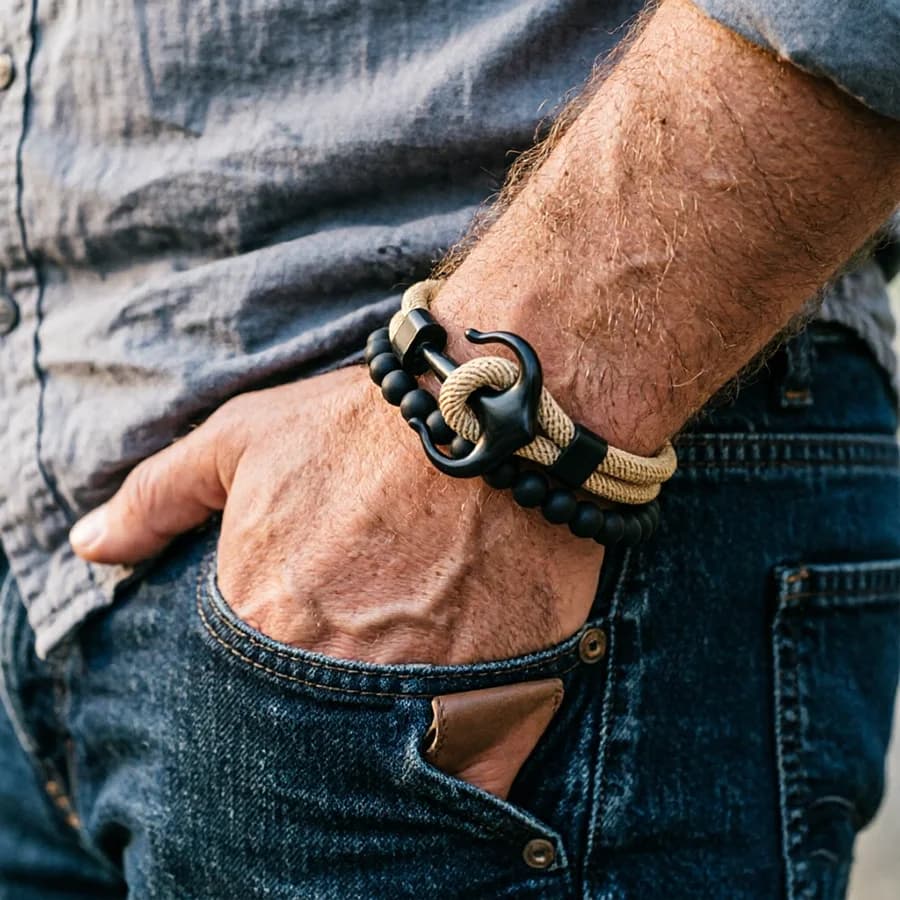 Elegante set di 2 braccialetti da uomo con ancora, cordino di grado A da 4 mm, accessori sportivi anti-sudore, regalo perfetto per lui, Pulseria Homme
