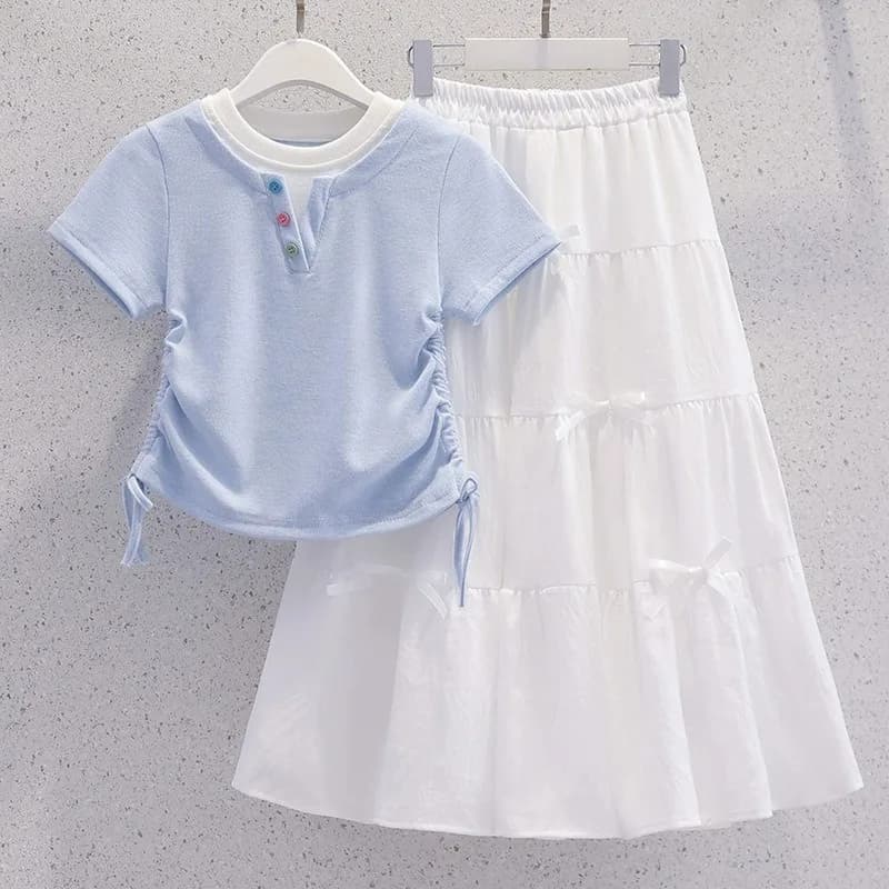 5-14Y Girl 2PCS Clothes Set UNITIM Summer Junior Girls Fake Two Piece Short Sleeve Tee Children Girl Bow White Long Skirt Outfit