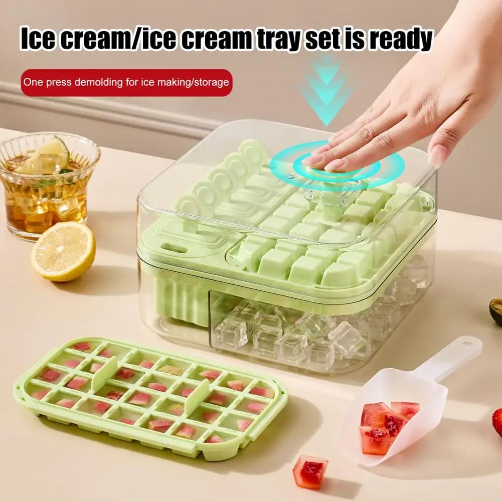 Ice Cube Mold with Lid Ice Storage Box 2-in-1 Ice Cube Tray with Lid Easy Push Release Mold for Diy Popsicles Leakproof Freezer