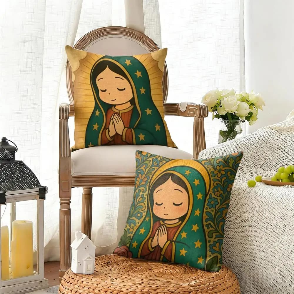 Graziosa Federa per Cuscino Madonna di Guadalupe in Lino Naturale Biologico, Stampa Fronte-Retro, Decorazione per Divano e Casa, Idea Regalo