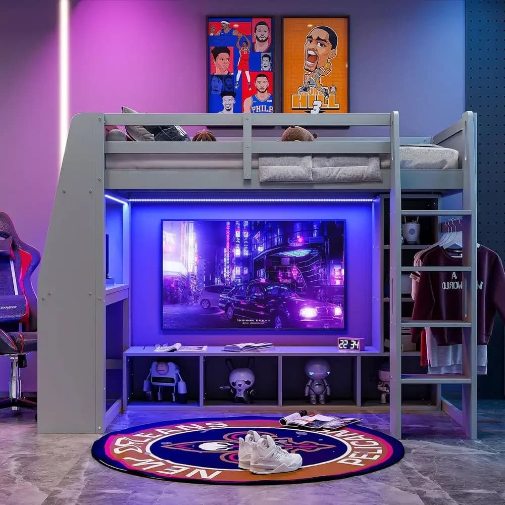 Letto a soppalco per gaming a una piazza e mezza con scrivania, scaffali portaoggetti, luci LED e appendiabiti per camerette per ragazzi (Grigio)