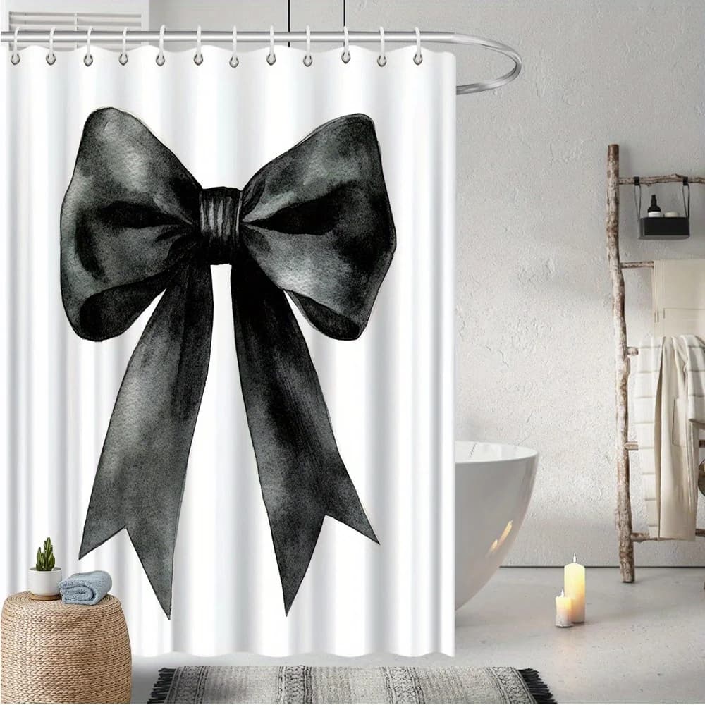 Tenda da doccia nera con fiocco, stile acquerello, sfondo bianco, in poliestere, 70,8x70,8 pollici, lavabile in lavatrice