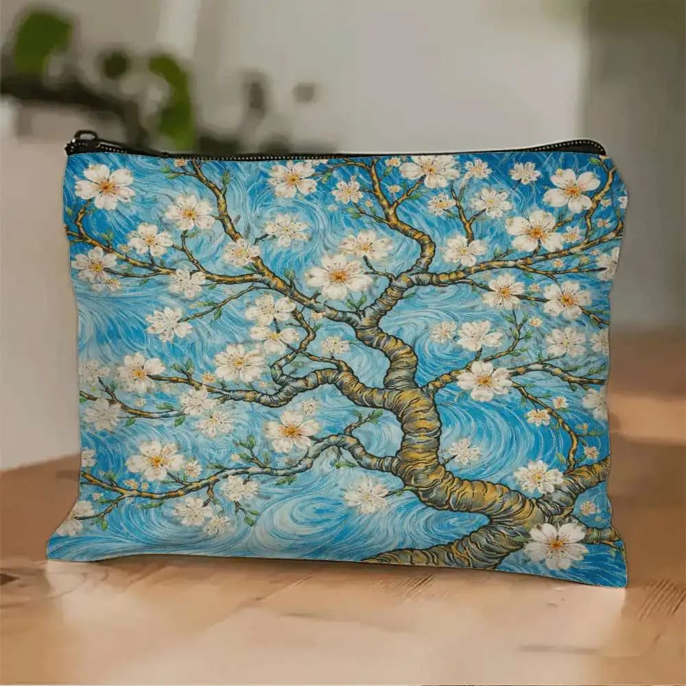 Borsa per il trucco con motivo albero di albicocca, 1 pezzo - Pochette multifunzionale con cerniera per donna, perfetta borsa da viaggio con cerniera, divertente regalo di compleanno