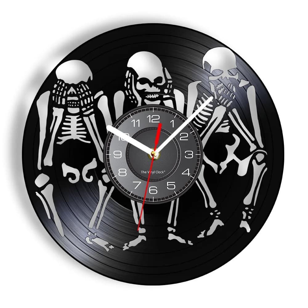 The skulls do not see, they do not speak, nothing bad Wall clock Wisdom of skulls Wall clock with vinyl record Halloween decorative clock