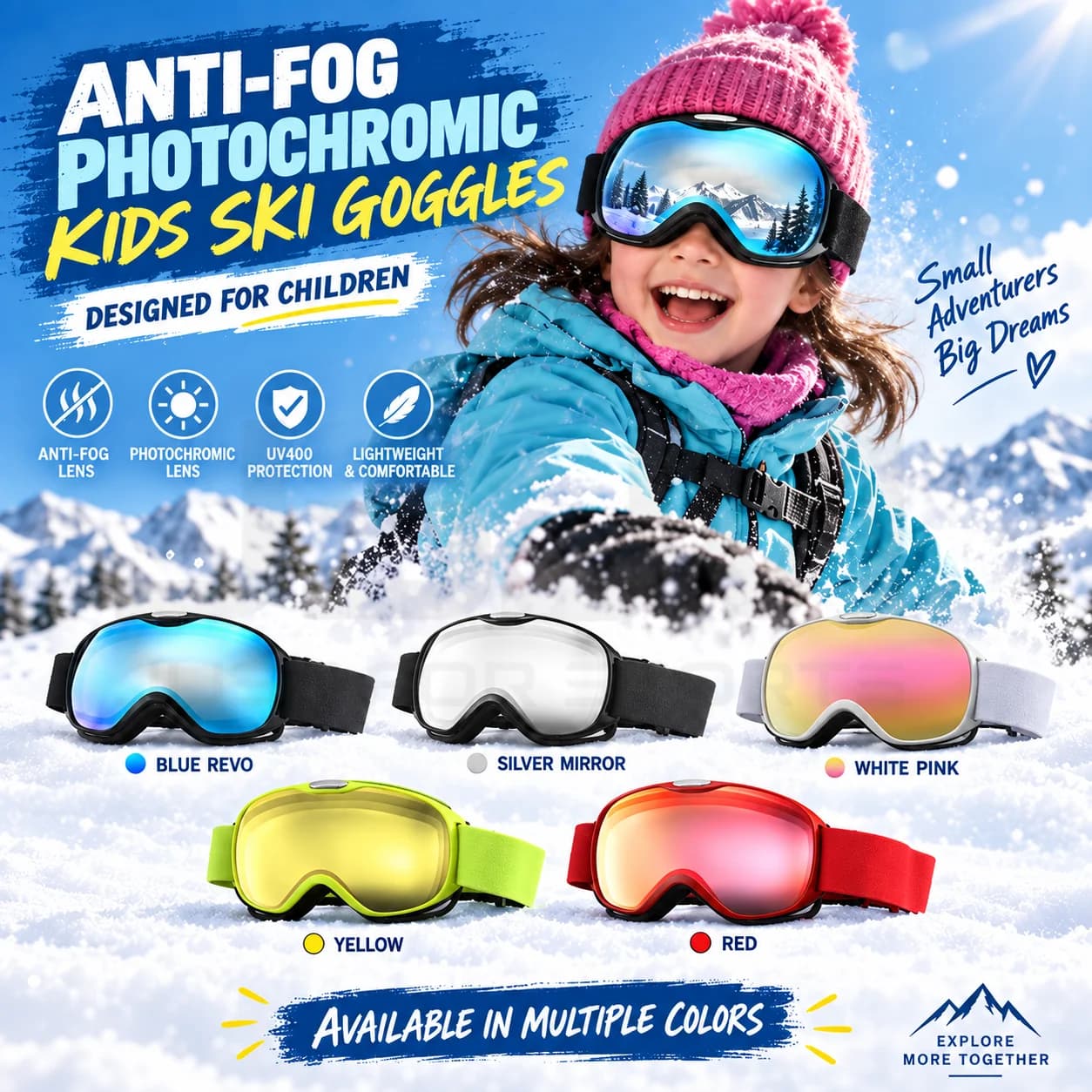 JSJM New Professional Photochromic Kids Ski Goggles Anti-Fog UV400 Snowboard Goggles for Boys Girls Winter Snow Sports XMAS Gift