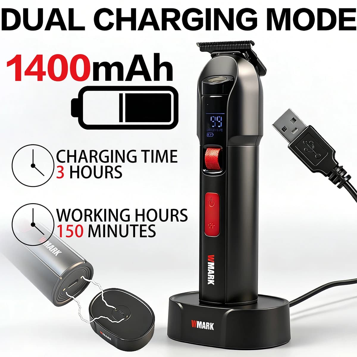 WMARK Ng-8202 Professional Electric Haircut 8000RPM with Continuous Adjustment, Double DLC Blade, Barbiere Clipper with Charging Base