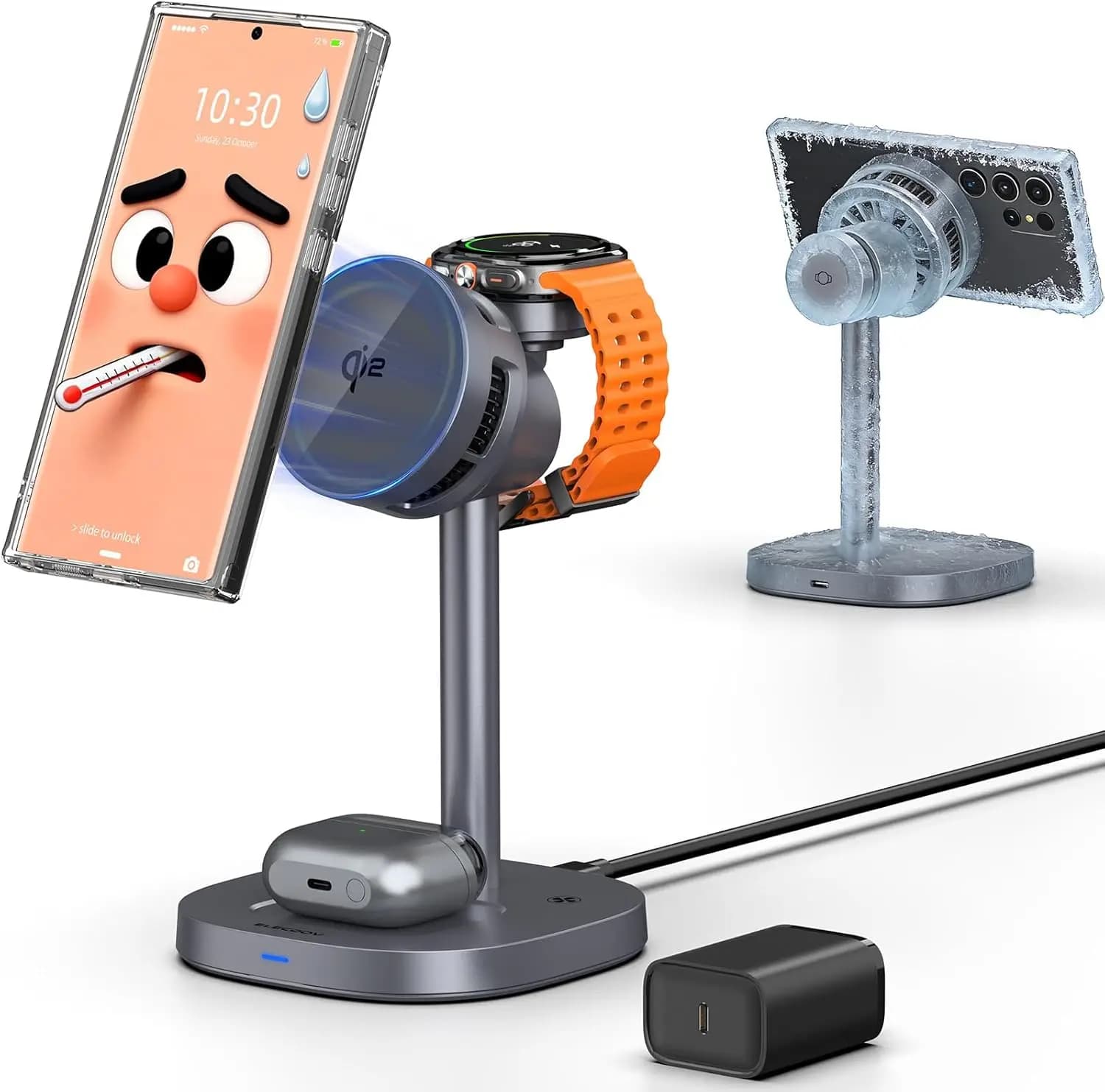 3-in-1 Wireless Magnetic Charging Station with Phone Cooling, Qi2 Certificate for Smartphones, Watches and Audiences