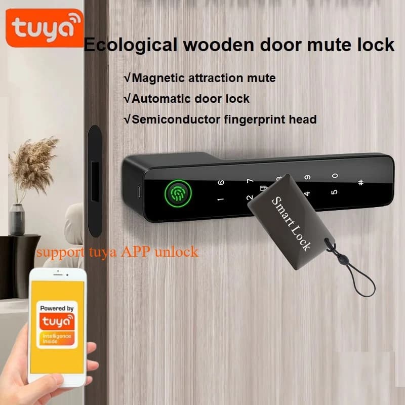 Tuya Smart Door Lock Serratura per porta in legno silenziosa Impronta digitale biometrica Password Chiave IC Card APP Sblocco remoto Carica di emergenza USB