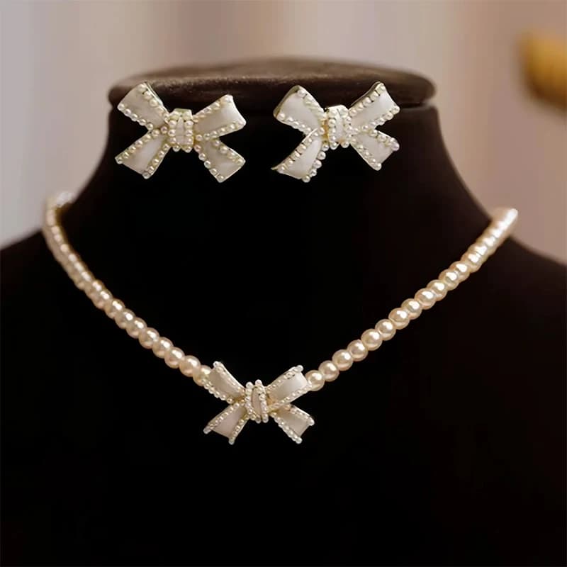 2 pezzi/set perle bianche bowknot collana di perline rotonde orecchini a bottone set di gioielli per regali di nozze da donna