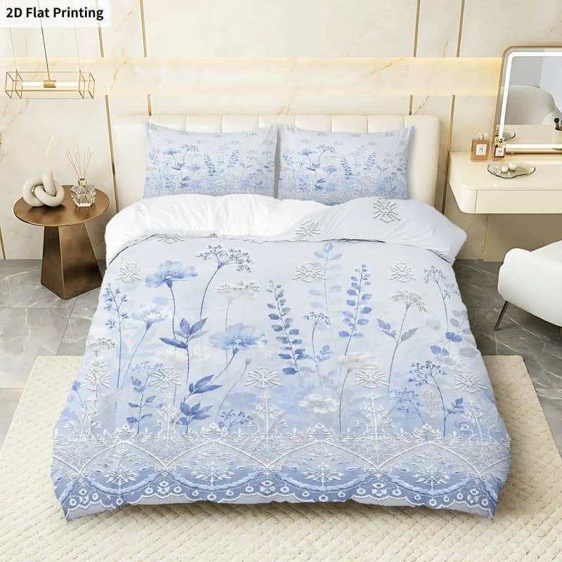 2D Flat Printing 3PCS Duvet Cover, 1 Duvet Cover + 2 Pillowcases (Without Filler), Floral Lace Nature Theme