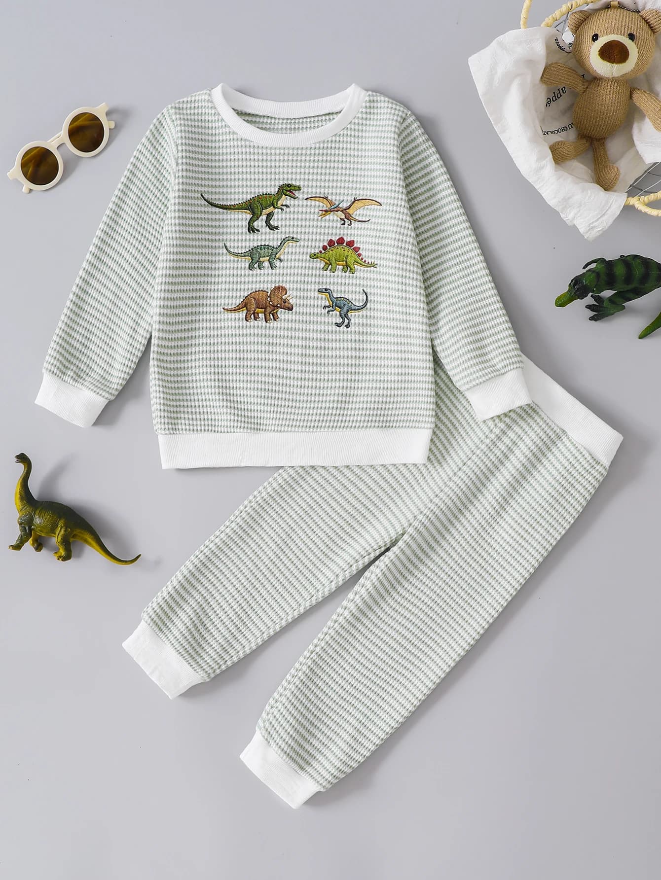 Waffle Knit Toddler 2Pcs Dinosaur Print Outfit Long Sleeve Sweatshirt Cuffed Pants Kids Casual Home Pajamas Set