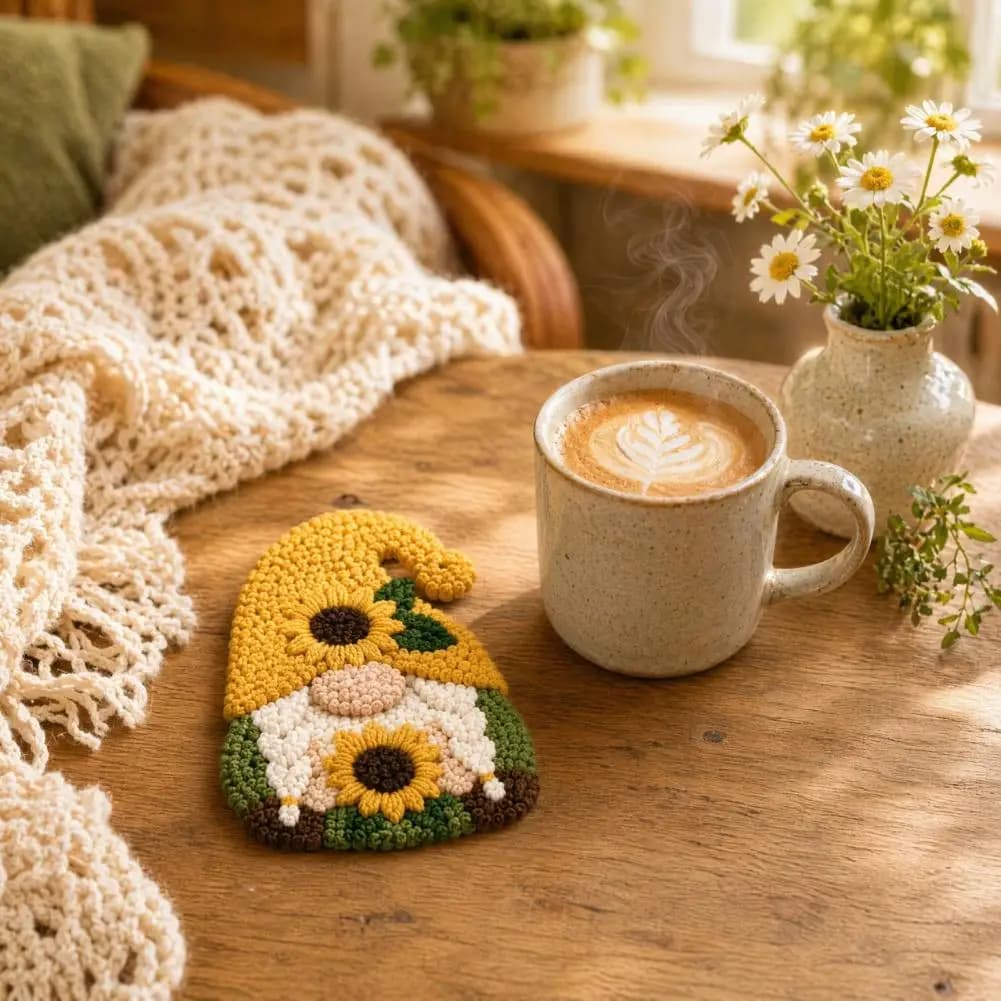 Gnome Coaster DIY Punch Needle Kit Pre-Printed Fabric Yarn Hoop Felt Backings Embroidery Craft Set for Beginners Adults Handmade