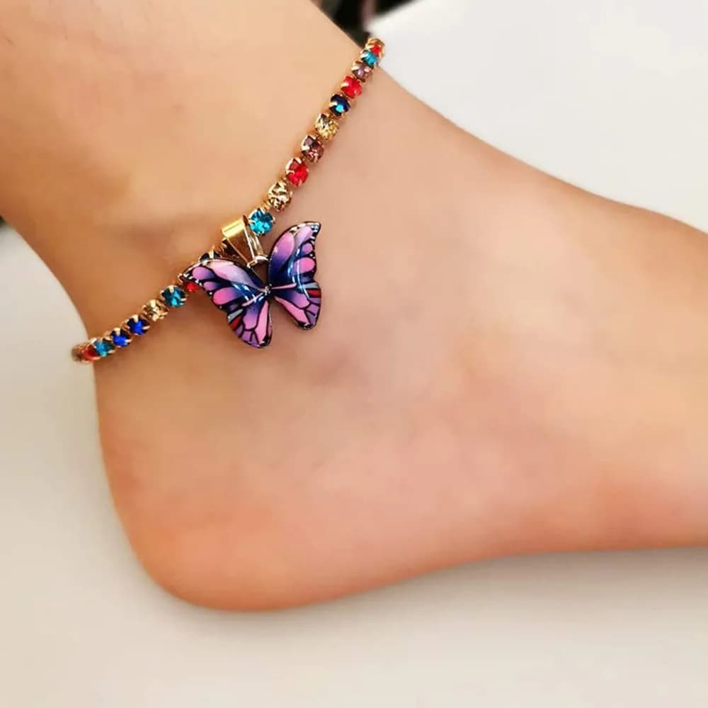 Bracciale cavigliera a farfalla in metallo bohemien Cavigliera da tennis colorata bling bling per accessori per catena da piede da spiaggia estiva per ragazze da donna