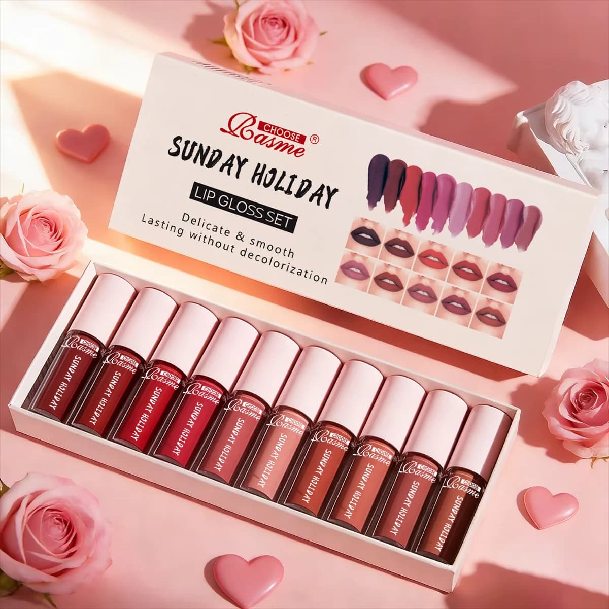 Set of 10 Velvet Effect Glossylabbra: Waterproof and Long-Term Glossy, Moisturizing Set for Women, Valentine's Day Gift