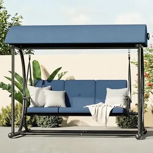 Outdoor Patio Swing Bed with , 3 Seat Porch Swing Chair for Adults, Heavy Duty Fe, Thick Cushions, Adjustable Backrest