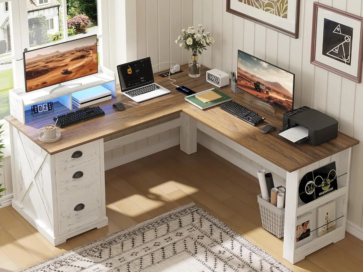 59" L Shaped Desk with Monitor Stand LED Lights Power Outlets File Drawer Corner Desk for Home Office Gaming, Customized