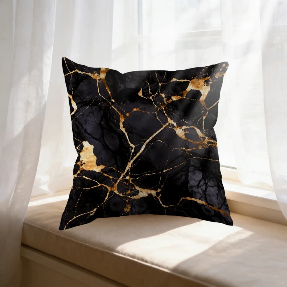 Cuscino decorativo quadrato con motivo marmo nero e oro per soggiorno, camera da letto, davanzale