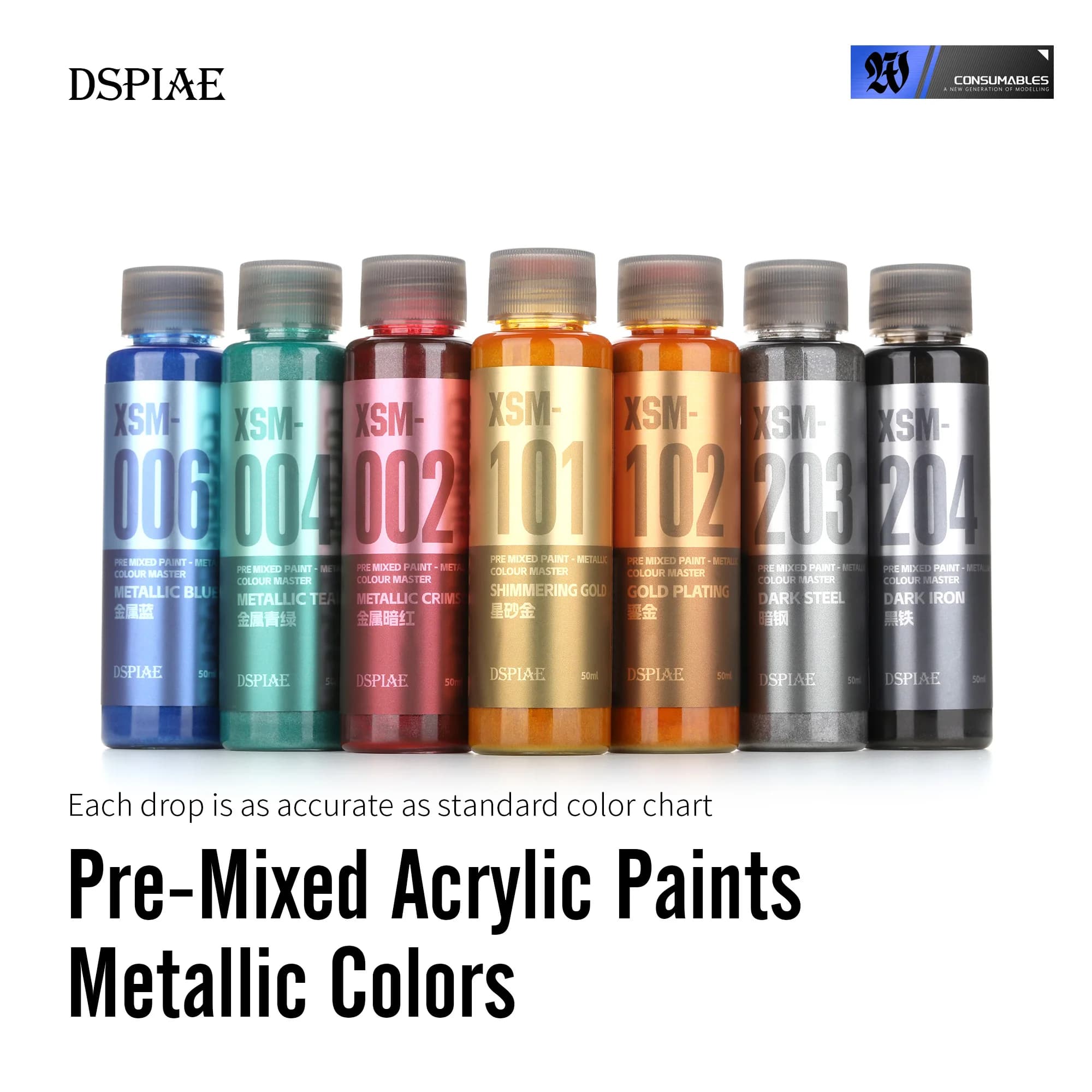 DSPIAE XSM 2026 Nuovo Set di Colori per Aerografo, 50ML Pigmenti Metallici a Base d'Acqua Pre-Miscelati per Assemblaggio e Spruzzatura