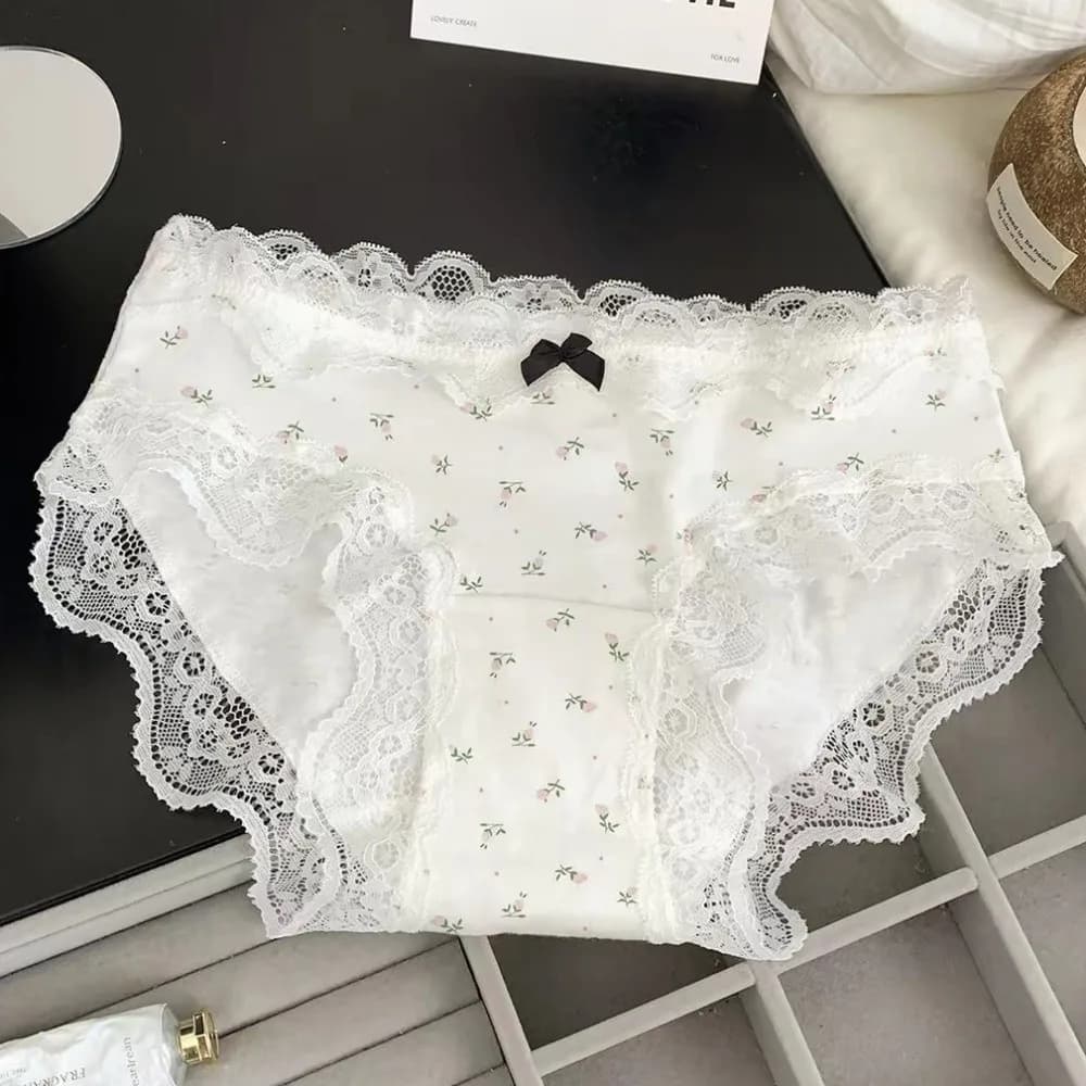 Comode Mutandine a Vita Media con Pizzo Dolce, Intimo a Griglia Tulipano per Donne, Slip Femminili con Pizzo a Pois e Fiocco