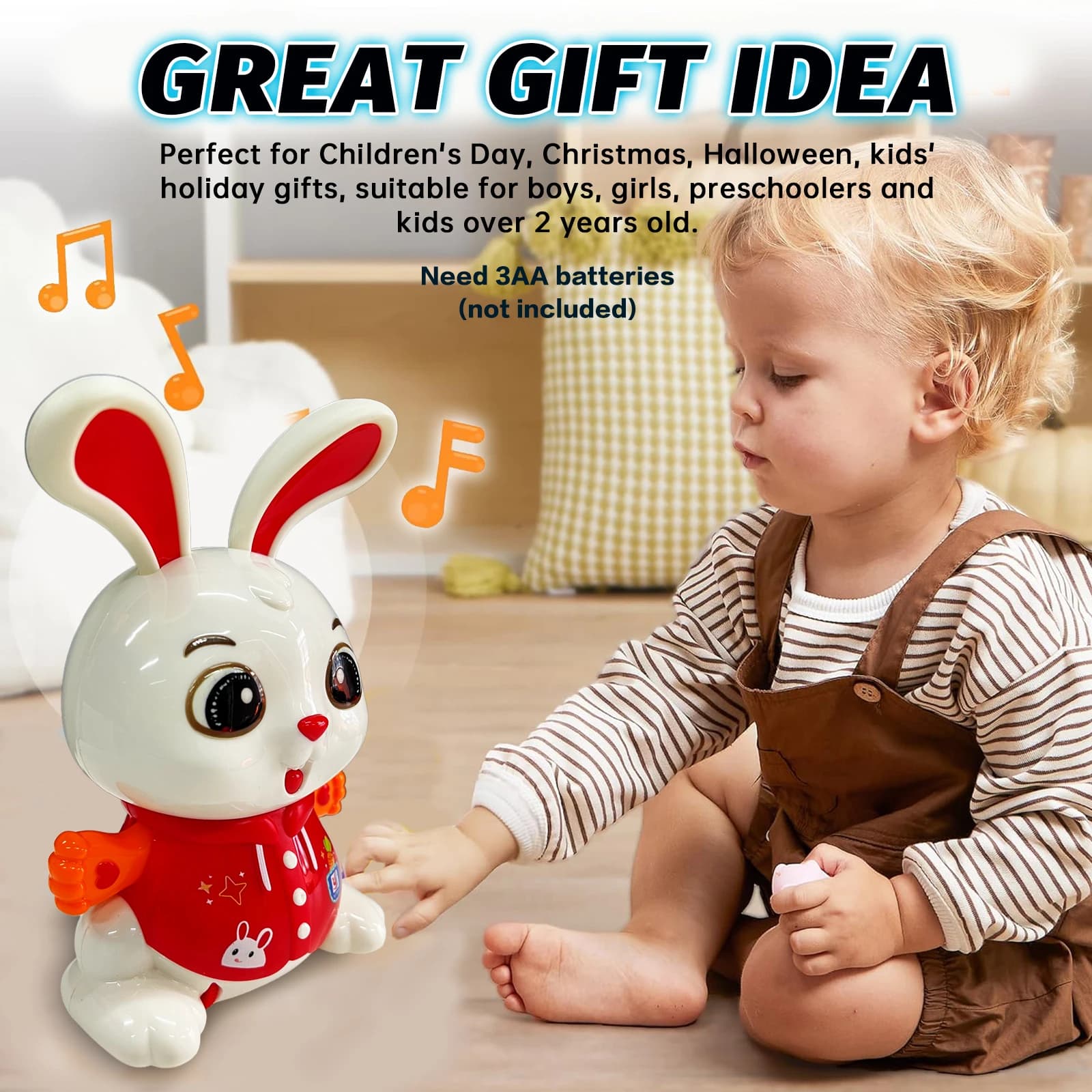 Simpatico giocattolo elettrico coniglietto per neonati 360 ° Rotazione con effetti sonori e luminosi colorati. Adorabile regalo per lo sviluppo del bambino