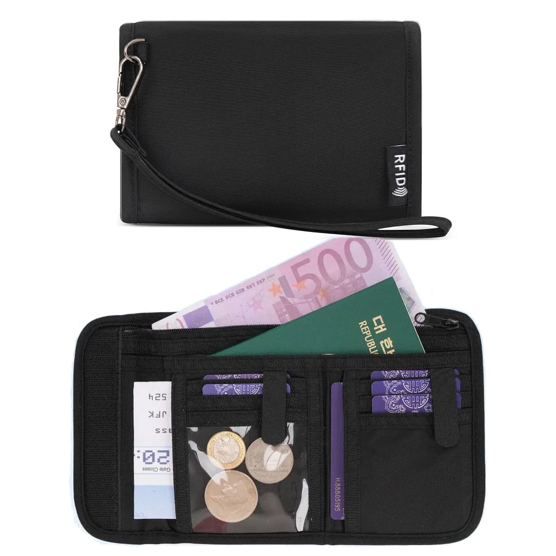 Portafoglio Multifunzione con Protezione RFID e Porta Carte, Organizer da Viaggio per Contanti, Documenti, Monete, Passaporto, Biglietti, Portafoglio con Cinturino