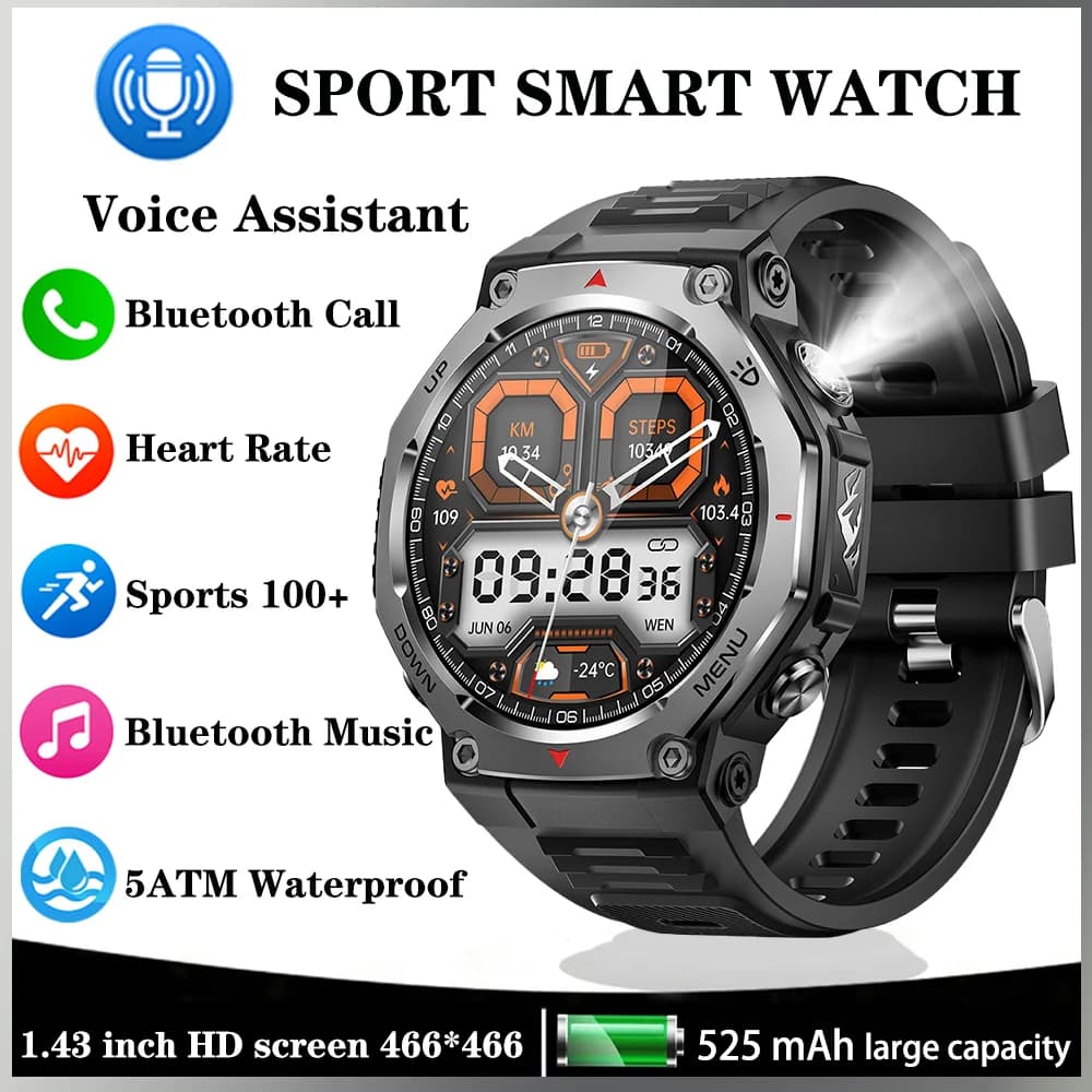 Smartwatch Sporty with Torch, Waterproof 5ATM, 525mAh Battery, Bluetooth Calls, Vocal Assistant, Health Monitoring, Fitness Watch for Men