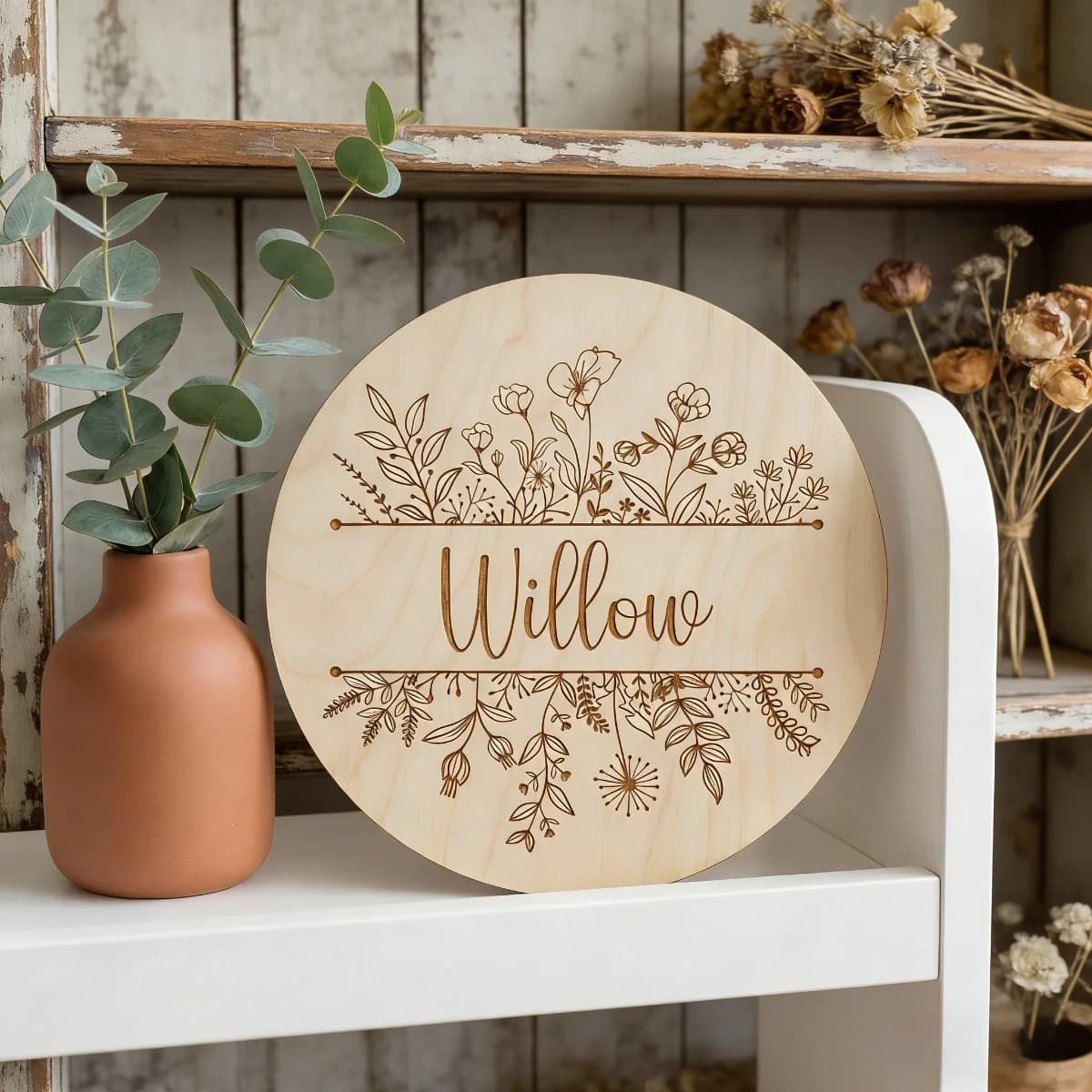 Personalized Floral Round Wooden Baby Name Plaque, Newborn Announcement Photo Prop, Nursery Wall Hanging Decor, Baby Shower Gift
