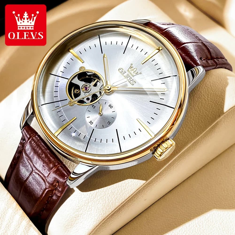 OLEVS 6708 Orologio meccanico da uomo Moda Vetro ad arco Orologi da uomo automatici Hollow Semplice marchio di lusso Orologio da uomo originale