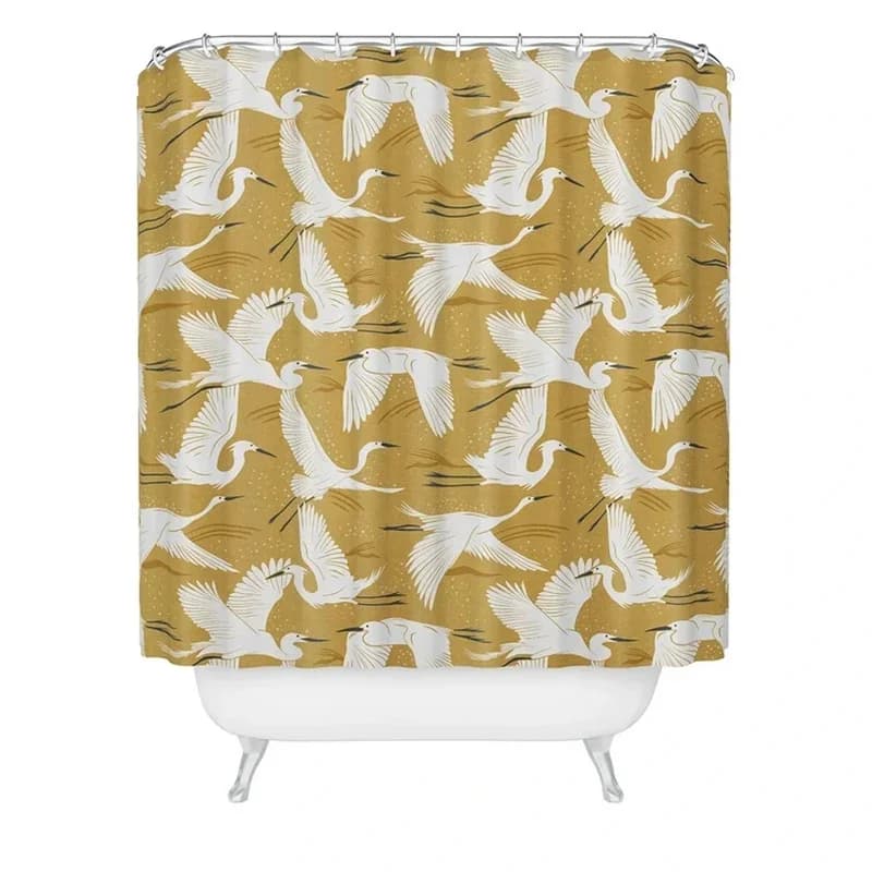 Eleganti griglie bianche su tenda da doccia giallo senape per l'arredamento moderno del bagno, tessuto impermeabile, include ganci