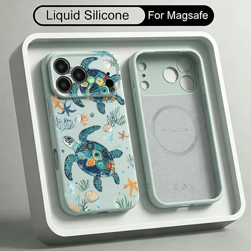 Magnetic Sea Turtles Whales Print Liquid Silicone Phone Case For iPhone 17 16 15 14 13 Pro Max For Magsafe Shockproof Soft Cover