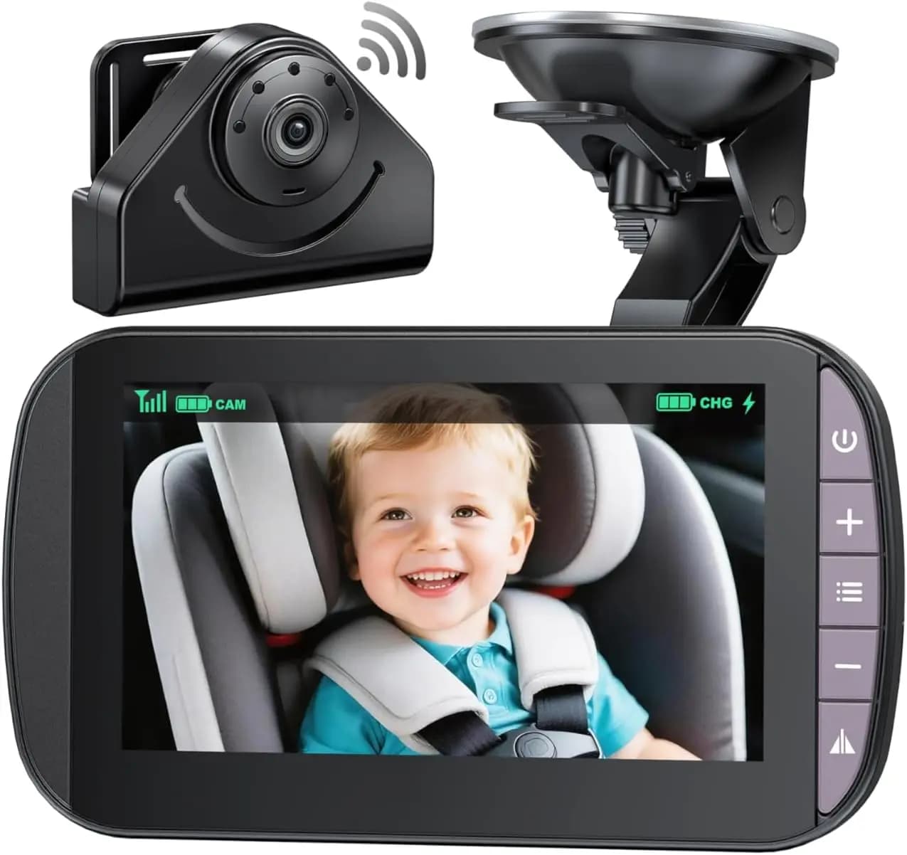 Monitor per auto con telecamera per bambini da 4,3 pollici – Visione notturna HD 1080P, 360 ° Rotante, alimentato tramite USB e batteria