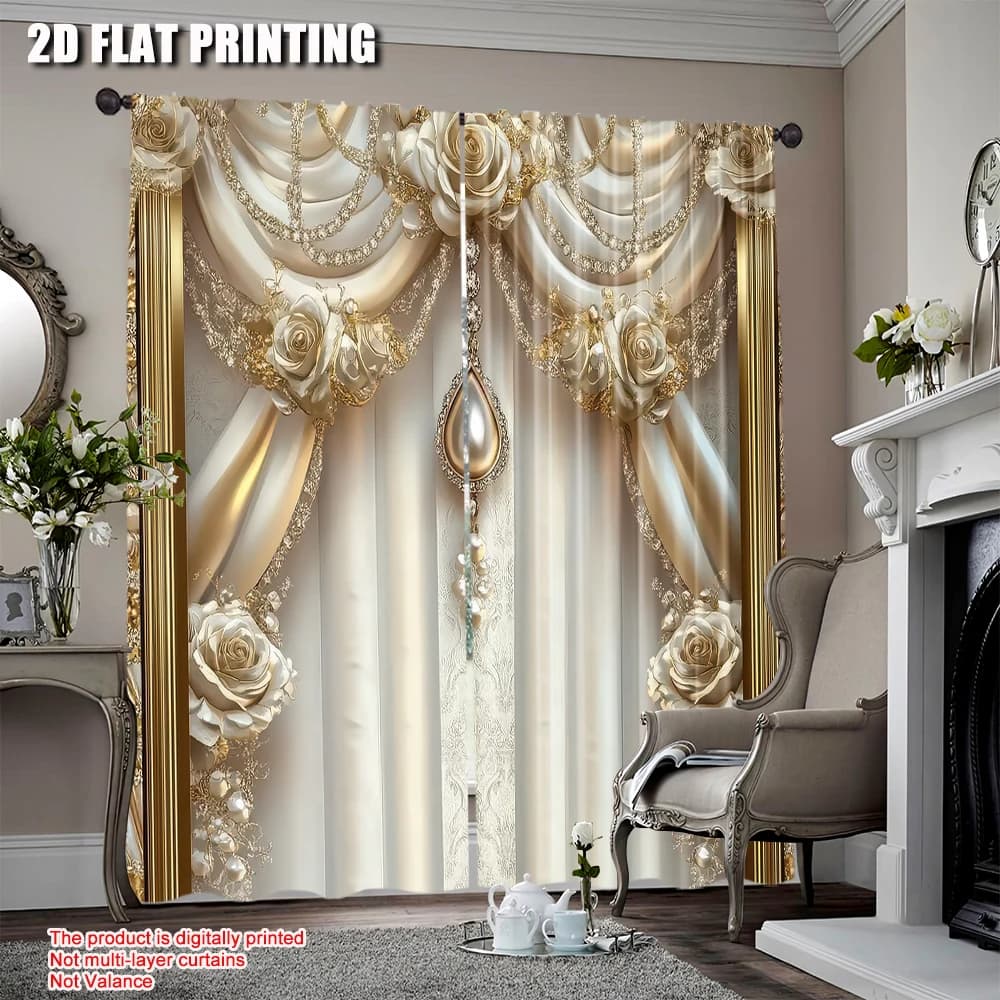 Elegant curtain with golden floral pattern from 2 pieces for home decoration Real style curtains for bedroom, office, kitchen, living room