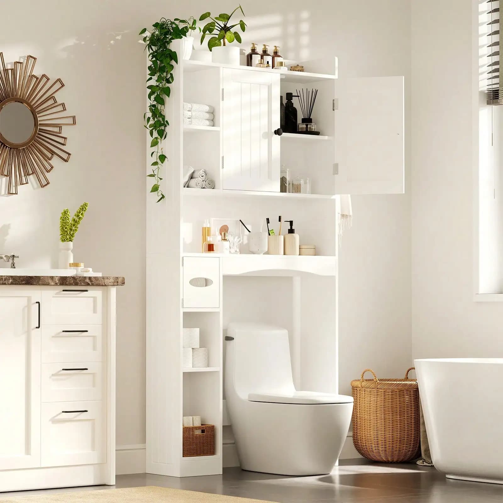 Over The Toilet Storage Cabinet, Freestanding Bathroom Organizer with Adjustable Shelves & Toilet Paper Holder, Space-Saving Cabinet with Anti-Tip Design, White
