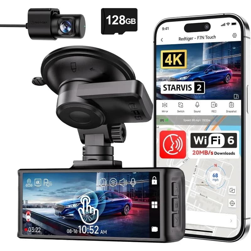 Dash Cam 4K front and rear, 2 sensors, touch screen 3,18", 128 GB card included, voice control, 5,8 GHz WiFi car