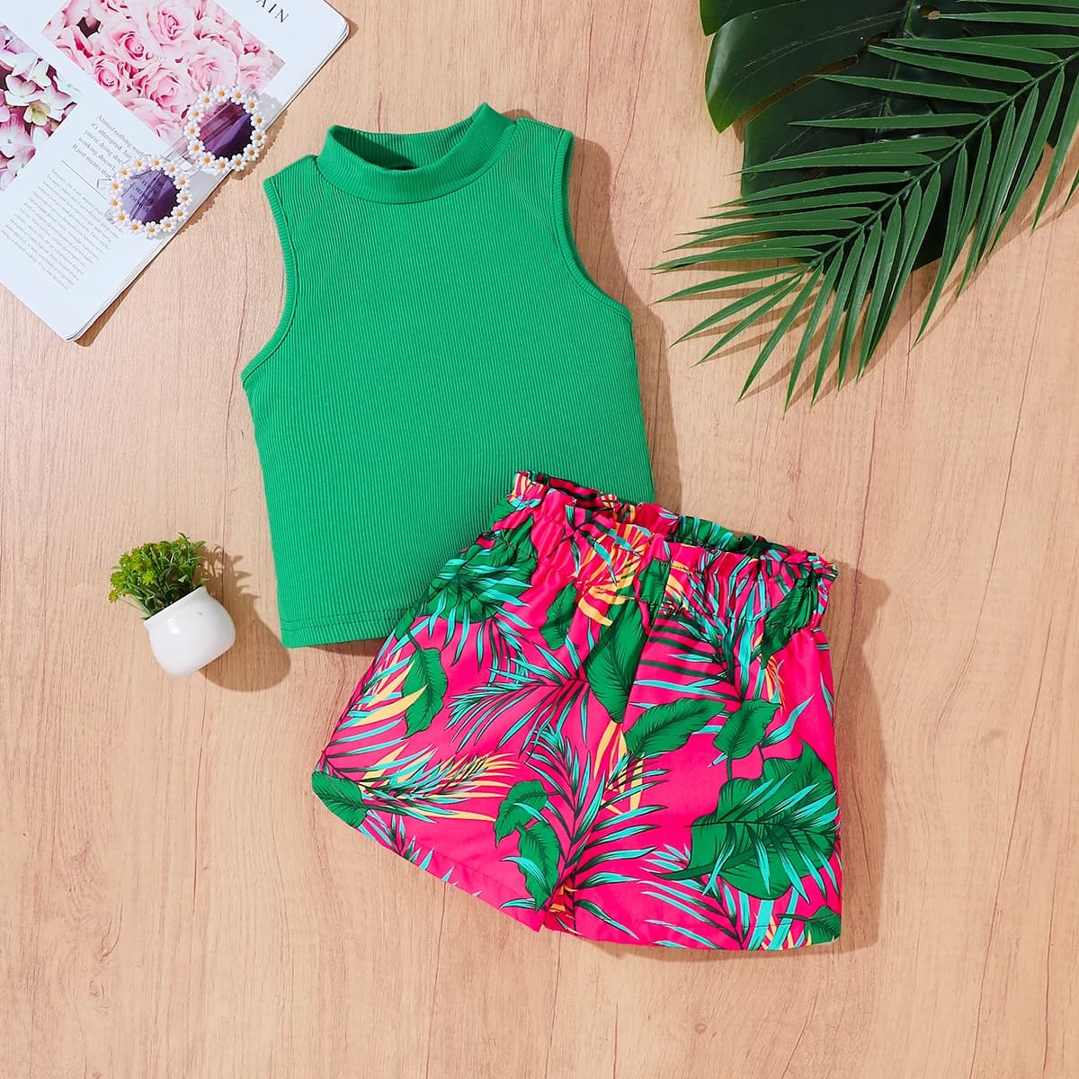 Girls Summer Fashion Set Green Sleeveless High Collar Top + Pink Print Shorts Tropical Style Children's Two-Piece Outfit