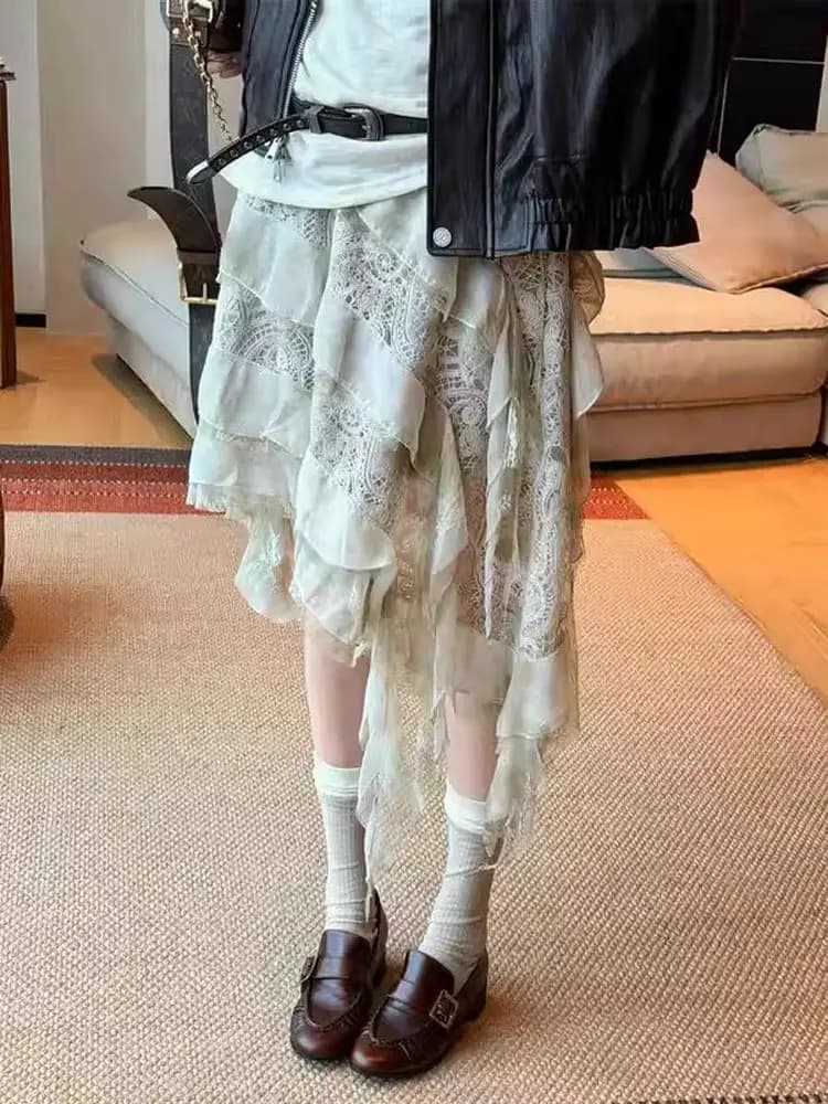 Summer New Vintage Lace Asymmetrical Elastic Waist Midi Skirt Women's Poodle Splicing Multi-layer Irregular Halves Skirt