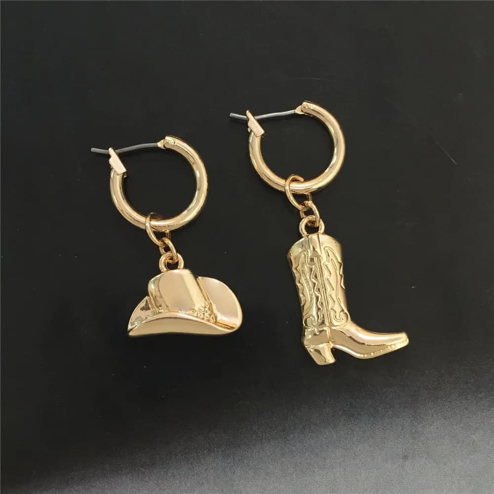 Gold Color Western Cowboy Hat and Boots Drop Dangle Earrings Asymmetric Design Personalized Earrings