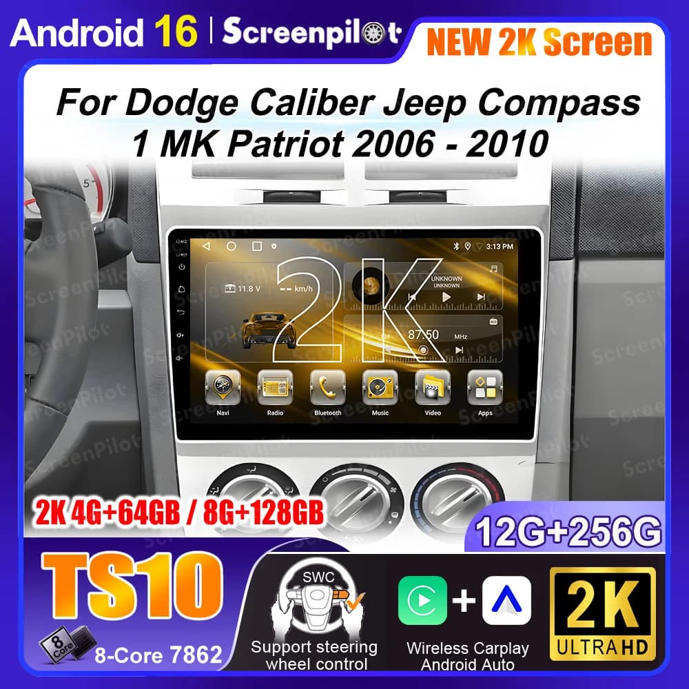 Android 16 For Dodge Caliber Jeep Compass 1 MK Patriot 2006 - 2010 Car Radio Multimedia Player Navigation GPS Stereo 2 Din DVD