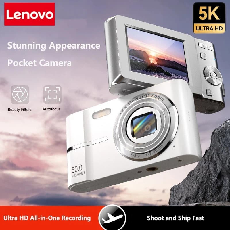 Fotocamera Digitale Lenovo 5K 50MP 16X per Studenti, Videocamera Digitale Anti-Shake per Esterni con Flash, Registratore Video Compatto