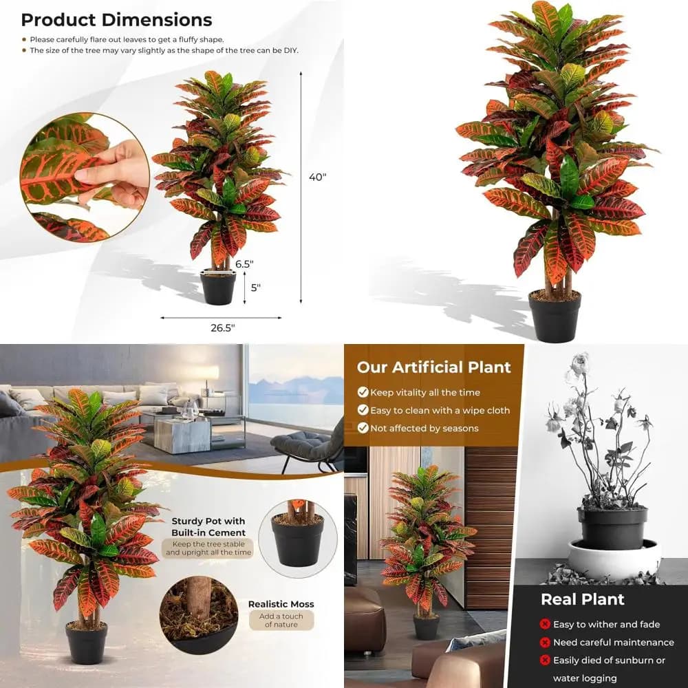 Palma di Crotone Artificiale Alta 40 cm con Foglie Variegata - Pianta Decorativa in Vaso per Casa o Ufficio