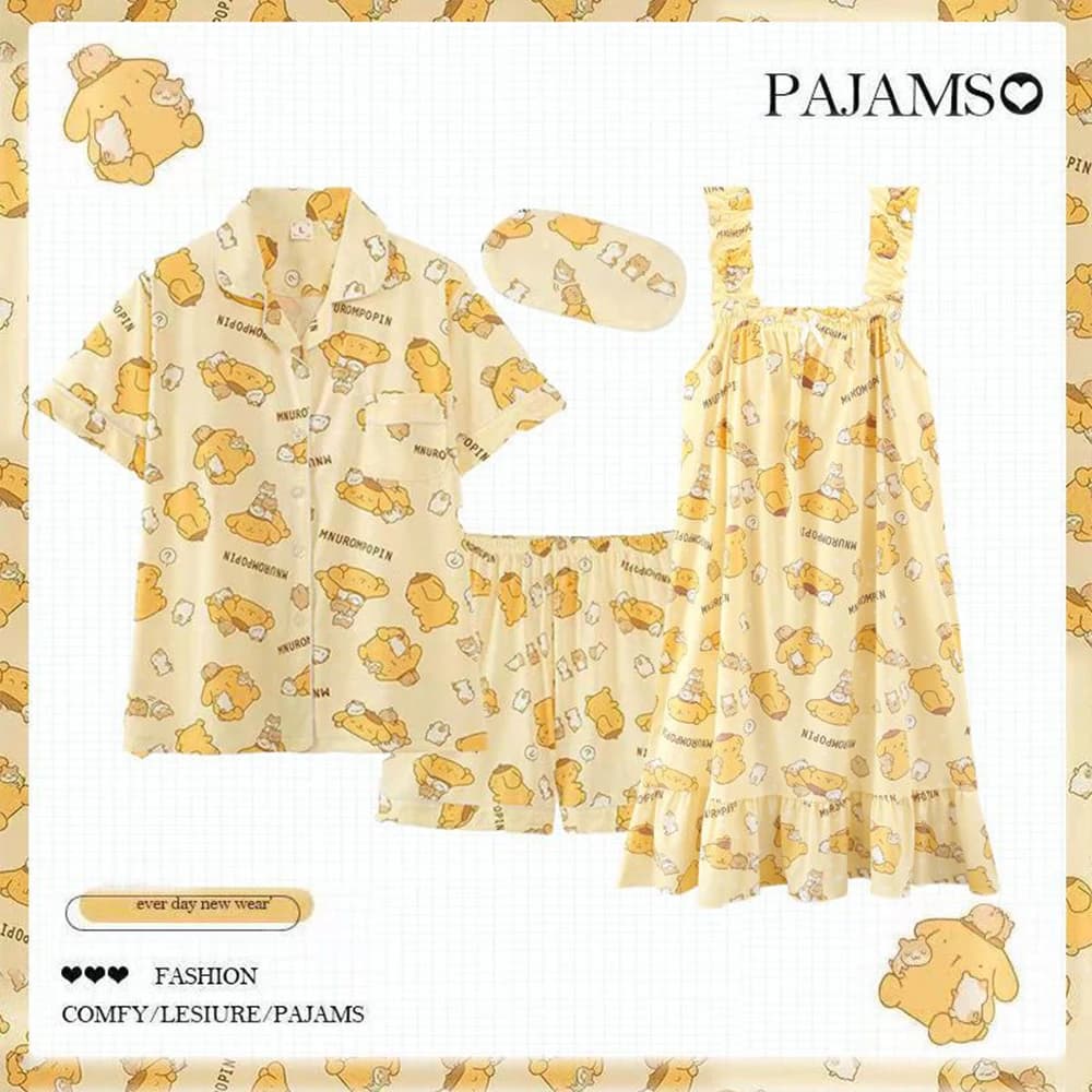 Set di 3 Pigiami a Maniche Corte con Pompom Purin per Donna, Camicia da Notte Morbida e Traspirante Stampata, Abbigliamento Casual Giallo Y2K per Casa